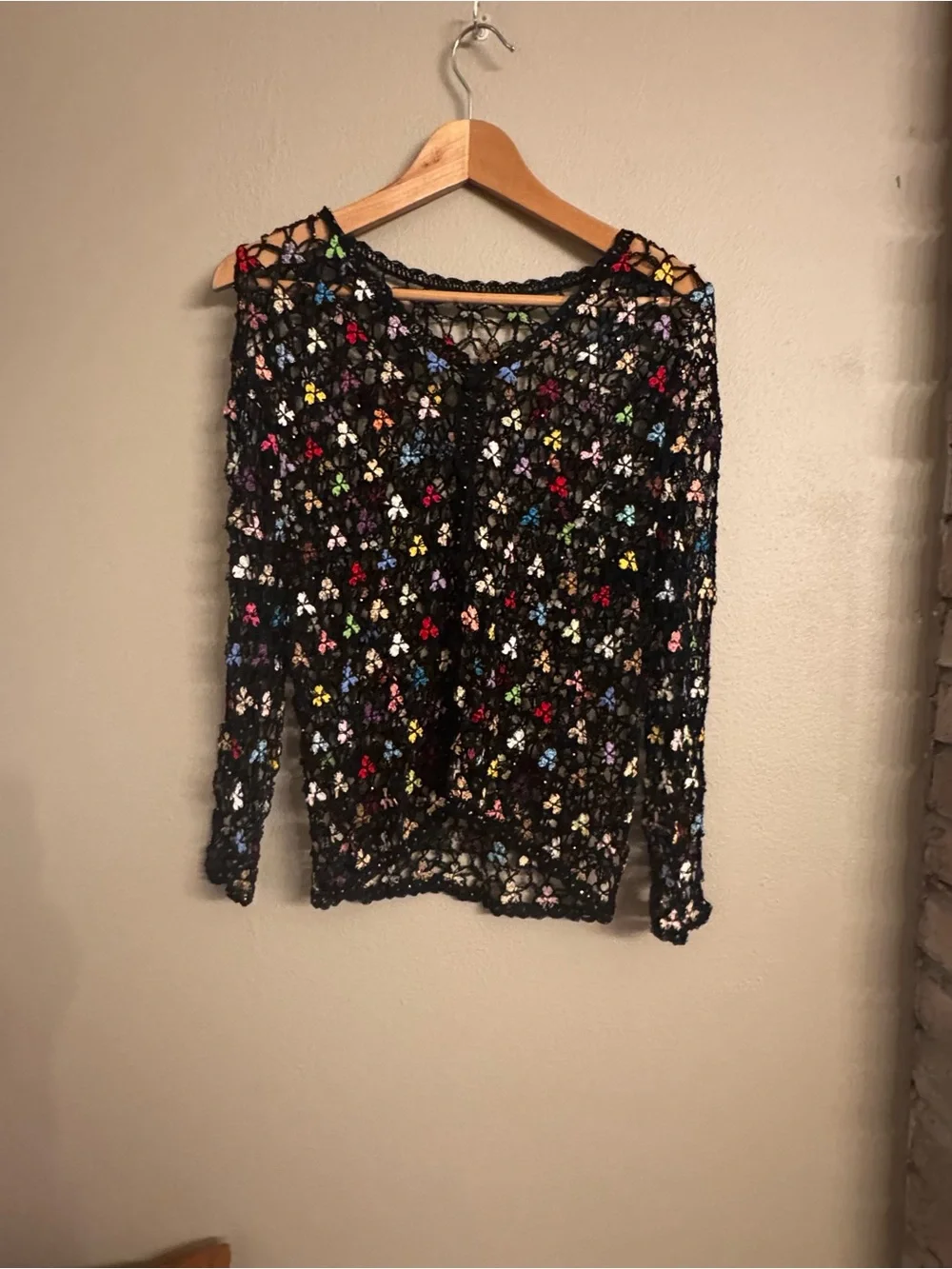 VINTAGE Handmade Crochet Floral Open-Knit Cardigan